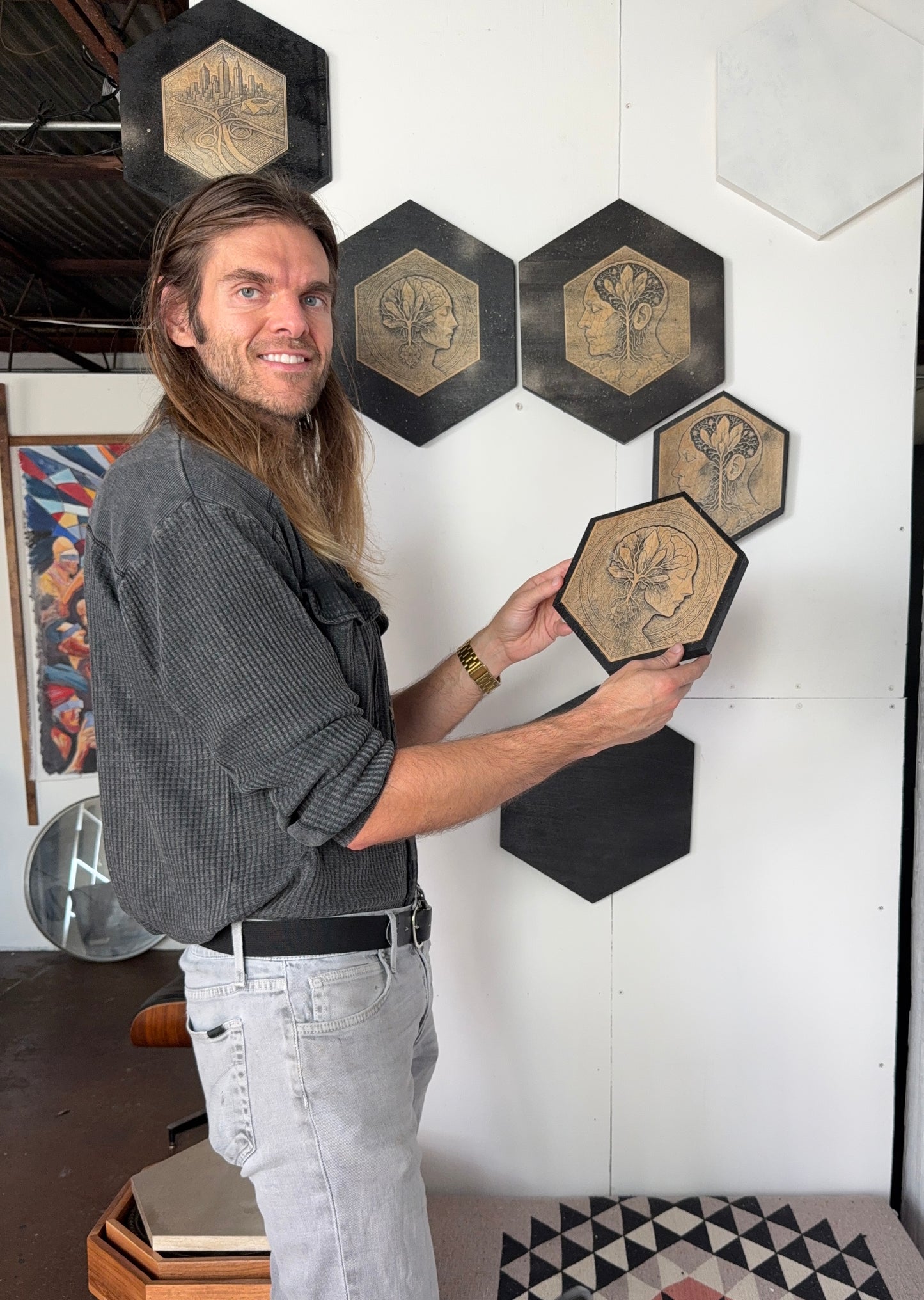 Custom Jeremy Morton Hexagon — 11″ Commission (Wood-Burn + Hand-Painted)